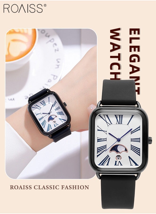 Women's Silicone Strap Quartz Watch, Analog Display Rectangle Dial with Moon Phase, Waterproof Luxurious Fashion Wristwatch as Gift for Ladies