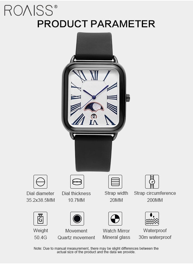 Women's Silicone Strap Quartz Watch, Analog Display Rectangle Dial with Moon Phase, Waterproof Luxurious Fashion Wristwatch as Gift for Ladies