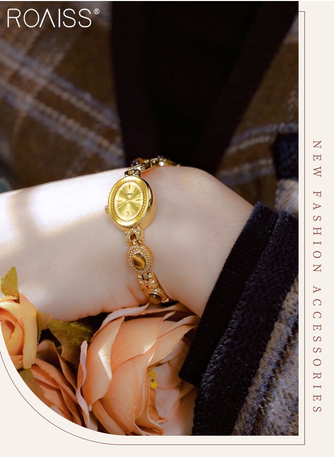 Women's Gold Watch Vintage Bracelet Luxury Natural Gemstone Oval Dial Analog Quartz Wristwatch as Gift for women