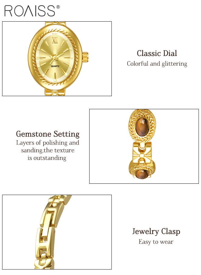 Women's Gold Watch Vintage Bracelet Luxury Natural Gemstone Oval Dial Analog Quartz Wristwatch as Gift for women