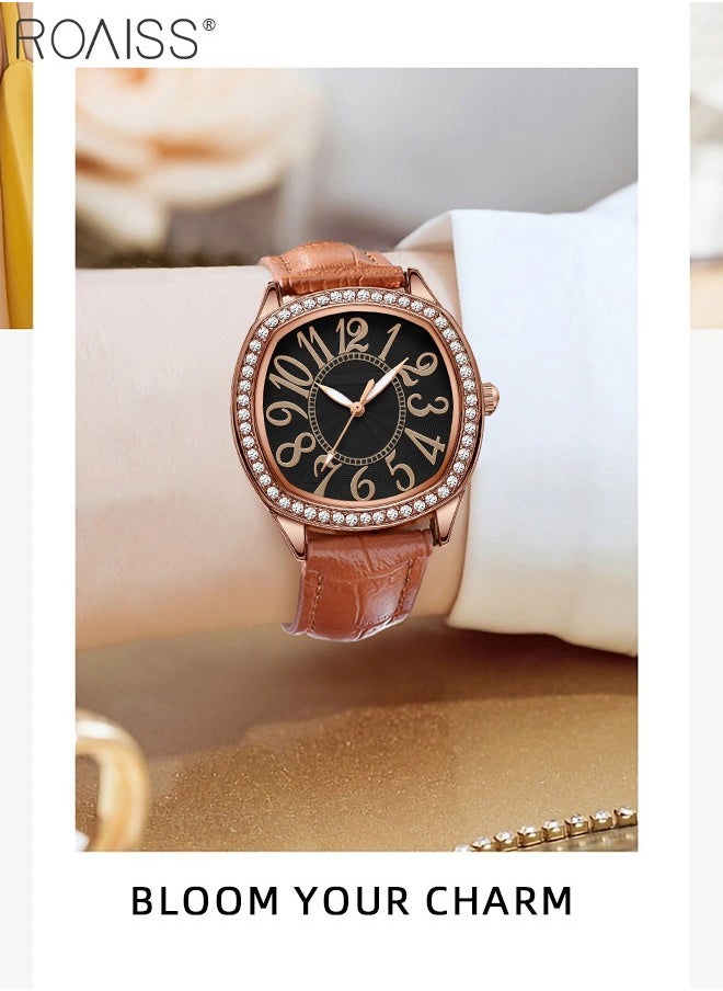 Women's PU Leather Quartz Watch, Analog Display Square Dial with Rhinestones Decorated Bezel, Waterproof Elegant Wristwatch as Gift for Ladies