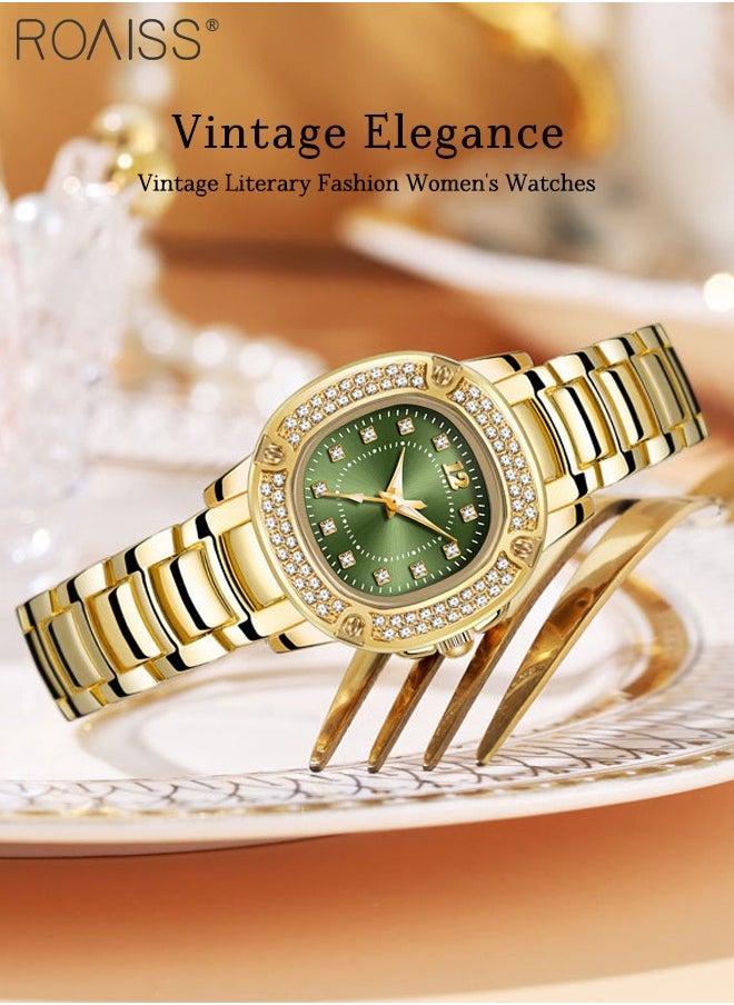 Fashion Square Quartz Watch for Women, Analog Display Green Dial with Zircon Decoration, Luxury Waterproof Brilliant Steel Band Wristwatch, as Gift for Ladies