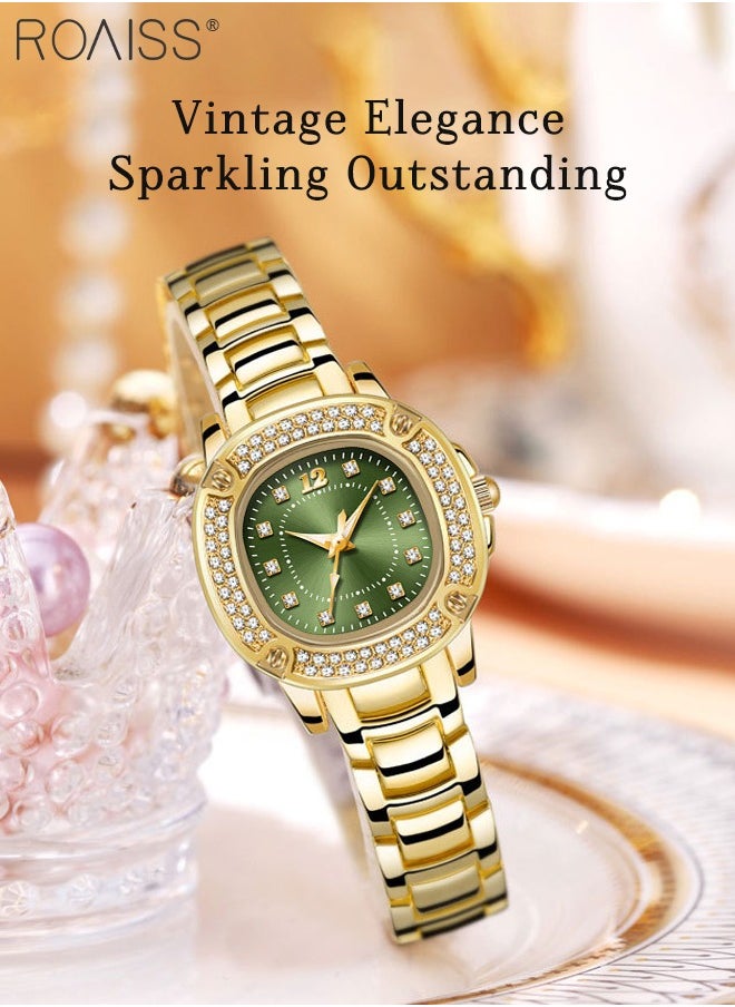 Fashion Square Quartz Watch for Women, Analog Display Green Dial with Zircon Decoration, Luxury Waterproof Brilliant Steel Band Wristwatch, as Gift for Ladies