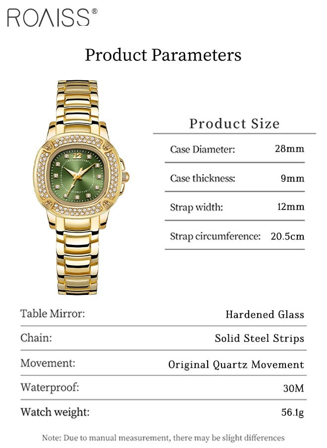 Fashion Square Quartz Watch for Women, Analog Display Green Dial with Zircon Decoration, Luxury Waterproof Brilliant Steel Band Wristwatch, as Gift for Ladies