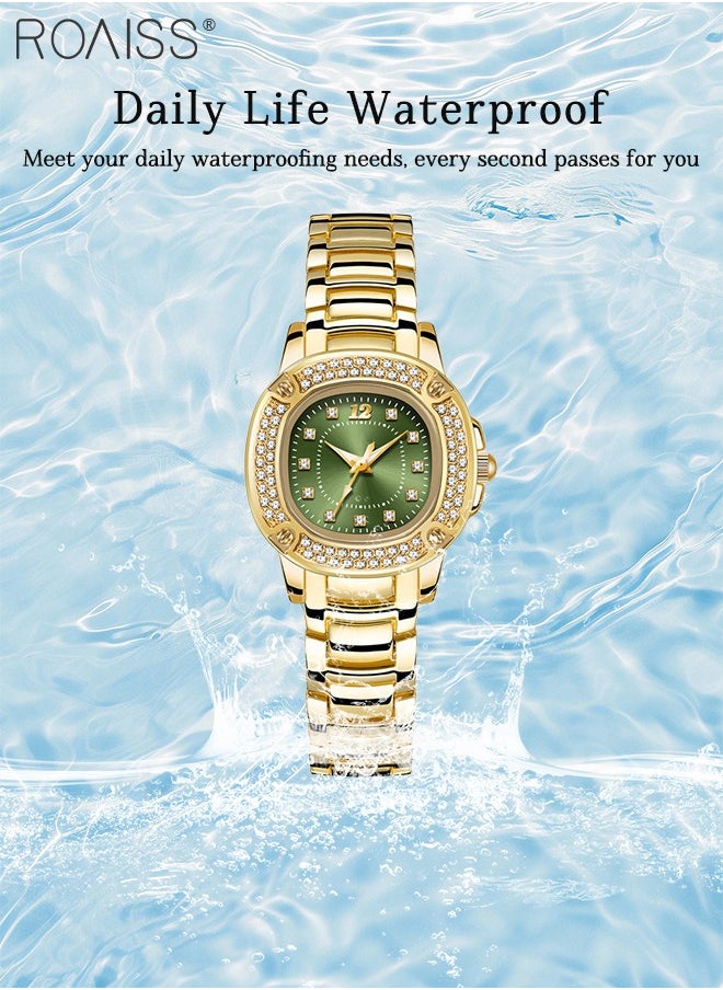 Fashion Square Quartz Watch for Women, Analog Display Green Dial with Zircon Decoration, Luxury Waterproof Brilliant Steel Band Wristwatch, as Gift for Ladies