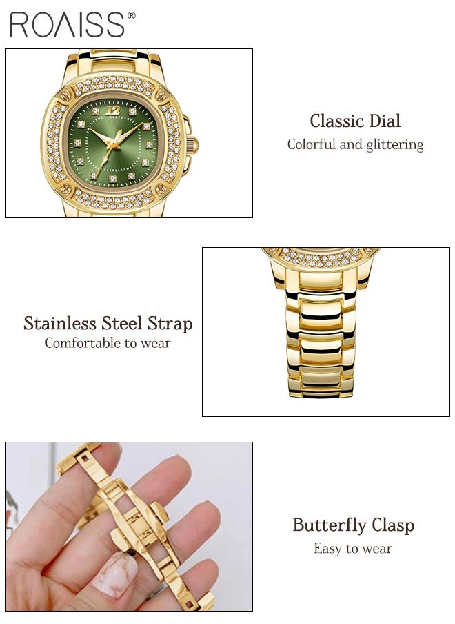Fashion Square Quartz Watch for Women, Analog Display Green Dial with Zircon Decoration, Luxury Waterproof Brilliant Steel Band Wristwatch, as Gift for Ladies