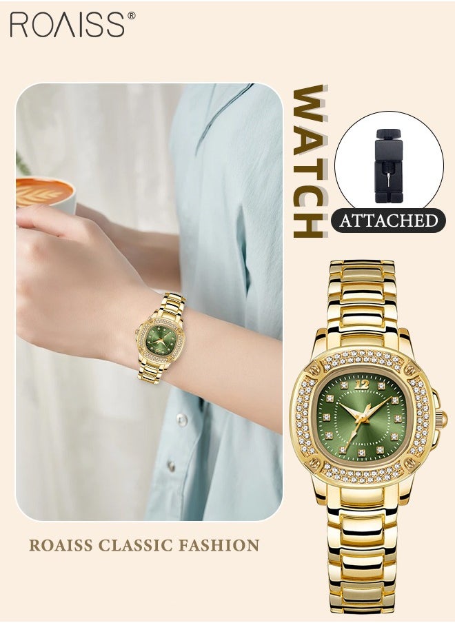 Fashion Square Quartz Watch for Women, Analog Display Green Dial with Zircon Decoration, Luxury Waterproof Brilliant Steel Band Wristwatch, as Gift for Ladies