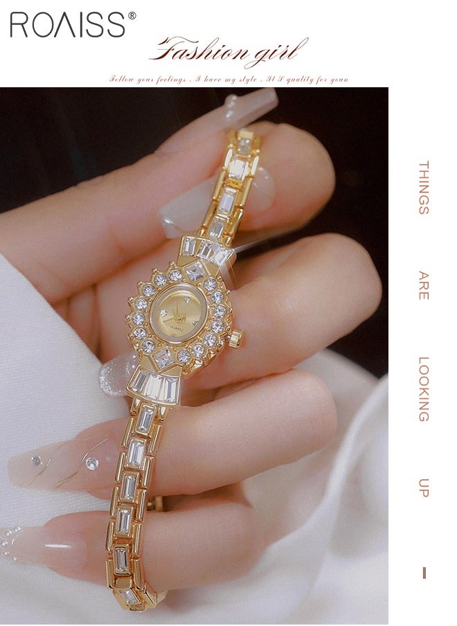 Women's Vintage Small Gold Watch, Analog Display Oval Dial with Rhinestone Decoration, Bright Light Luxury Fashion Wristwatch, as Gift for Ladies