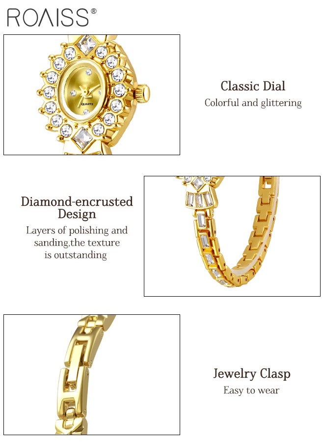 Women's Vintage Small Gold Watch, Analog Display Oval Dial with Rhinestone Decoration, Bright Light Luxury Fashion Wristwatch, as Gift for Ladies