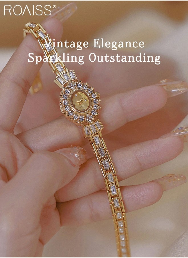 Women's Vintage Small Gold Watch, Analog Display Oval Dial with Rhinestone Decoration, Bright Light Luxury Fashion Wristwatch, as Gift for Ladies
