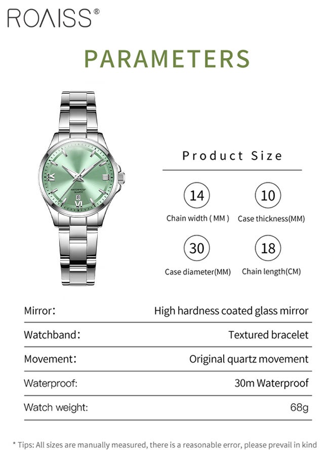 Women's Steel Band Round Quartz Watch, Analog Display Green Dial with Date Display, Stylish Casual Business Wristwatch, Waterproof Luminous,as Gift for Ladies
