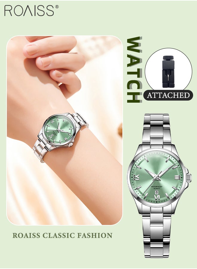 Women's Steel Band Round Quartz Watch, Analog Display Green Dial with Date Display, Stylish Casual Business Wristwatch, Waterproof Luminous,as Gift for Ladies