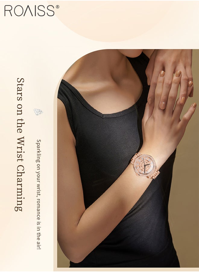 Women's Luxury Quartz Watch, Analog Display Round Dial with Crystal Decoration, Waterproof Stainless Steel Strap Shining Wristwatch, as Gift for Ladies