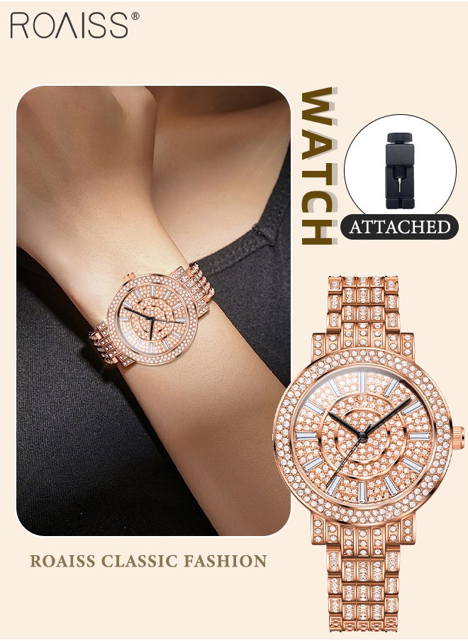 Women's Luxury Quartz Watch, Analog Display Round Dial with Crystal Decoration, Waterproof Stainless Steel Strap Shining Wristwatch, as Gift for Ladies
