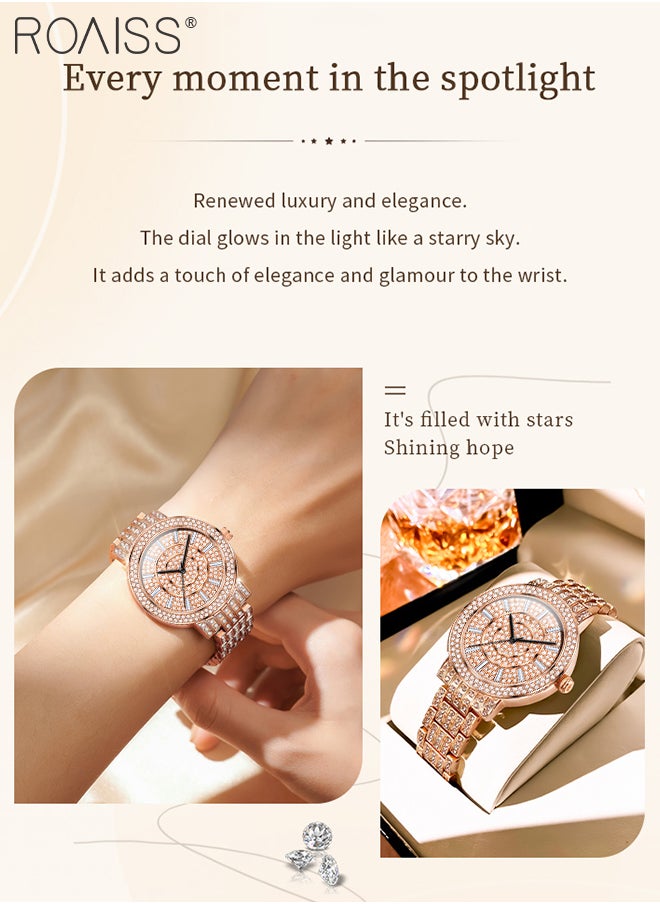 Women's Luxury Quartz Watch, Analog Display Round Dial with Crystal Decoration, Waterproof Stainless Steel Strap Shining Wristwatch, as Gift for Ladies