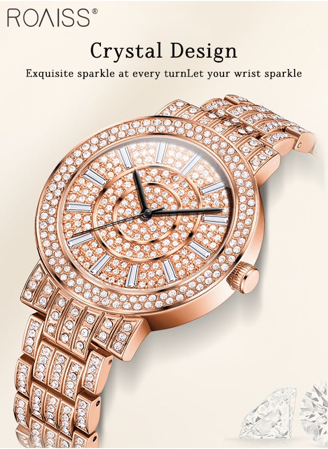 Women's Luxury Quartz Watch, Analog Display Round Dial with Crystal Decoration, Waterproof Stainless Steel Strap Shining Wristwatch, as Gift for Ladies