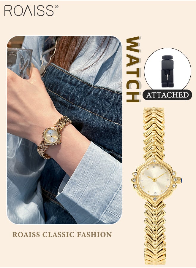 Women's Retro Quartz Watch, Analog Display Round Dial with Rhinestone Decoration, Light Luxury Fashion Waterproof Wheat Ear Bracelet Full Gold Wristwatch, as Gift for Ladies