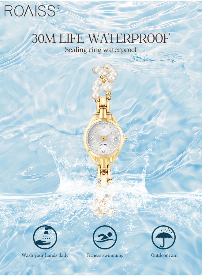 Elegant Women's Pearl Bracelet Watch, Analog Display Round Dial with Zircon Decoration, Luxury Waterproof Quartz Wristwatch as Gift for Ladies