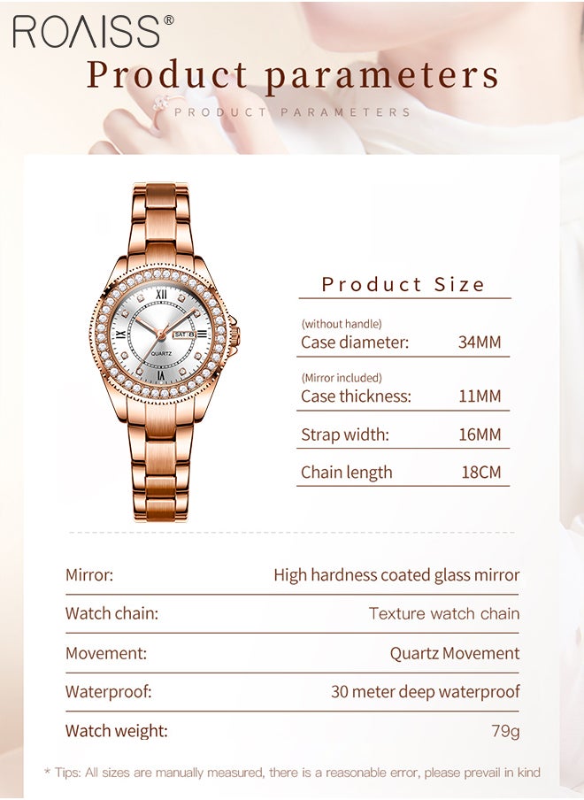 Women's Stainless Steel Quartz Watch, Rose Gold Luxury Zircon Wristwatch with Date Display, Classic Waterproof Luminous Analog Watch, as Gift for Ladies