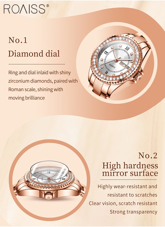 Women's Stainless Steel Quartz Watch, Rose Gold Luxury Zircon Wristwatch with Date Display, Classic Waterproof Luminous Analog Watch, as Gift for Ladies
