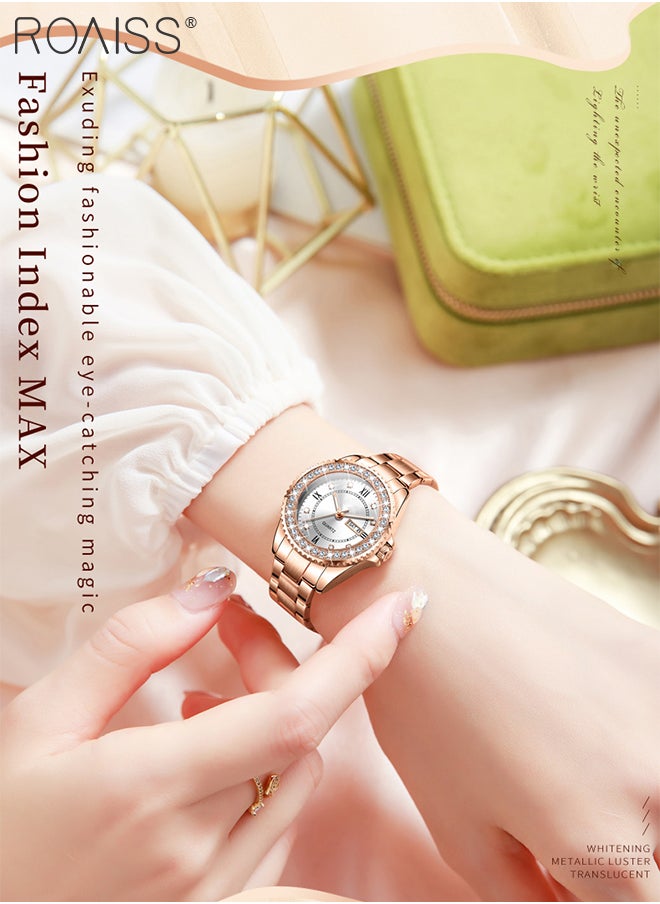 Women's Stainless Steel Quartz Watch, Rose Gold Luxury Zircon Wristwatch with Date Display, Classic Waterproof Luminous Analog Watch, as Gift for Ladies