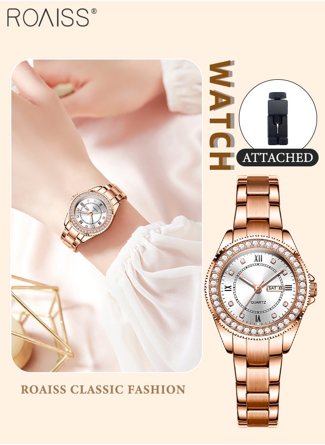 Women's Stainless Steel Quartz Watch, Rose Gold Luxury Zircon Wristwatch with Date Display, Classic Waterproof Luminous Analog Watch, as Gift for Ladies