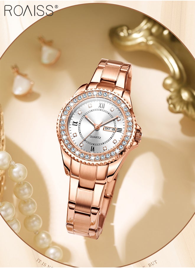 Women's Stainless Steel Quartz Watch, Rose Gold Luxury Zircon Wristwatch with Date Display, Classic Waterproof Luminous Analog Watch, as Gift for Ladies
