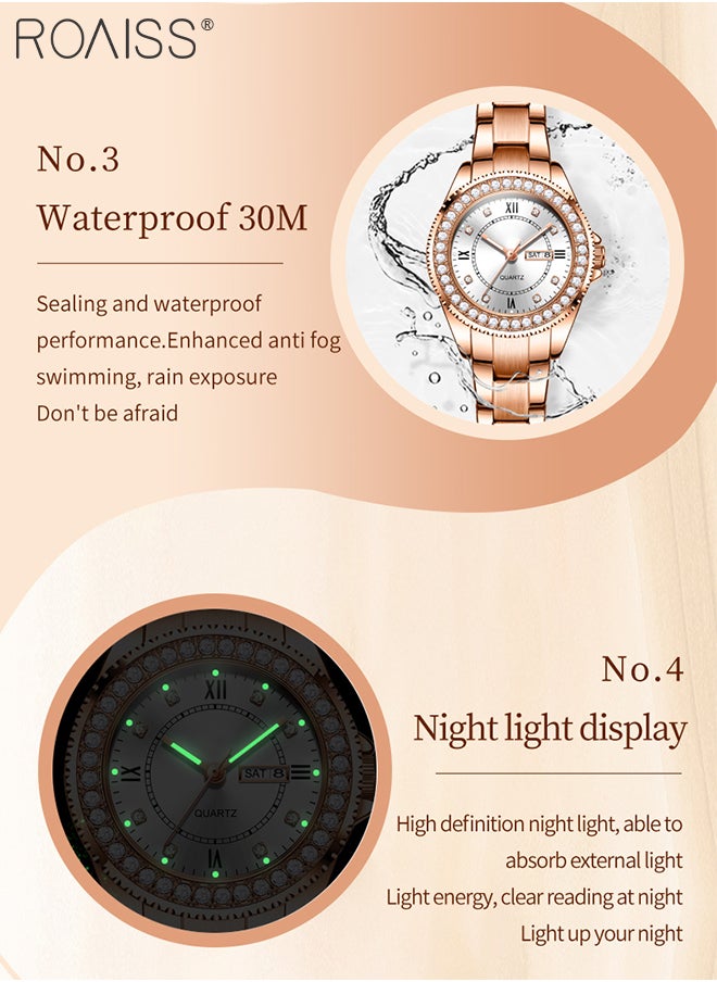 Women's Stainless Steel Quartz Watch, Rose Gold Luxury Zircon Wristwatch with Date Display, Classic Waterproof Luminous Analog Watch, as Gift for Ladies
