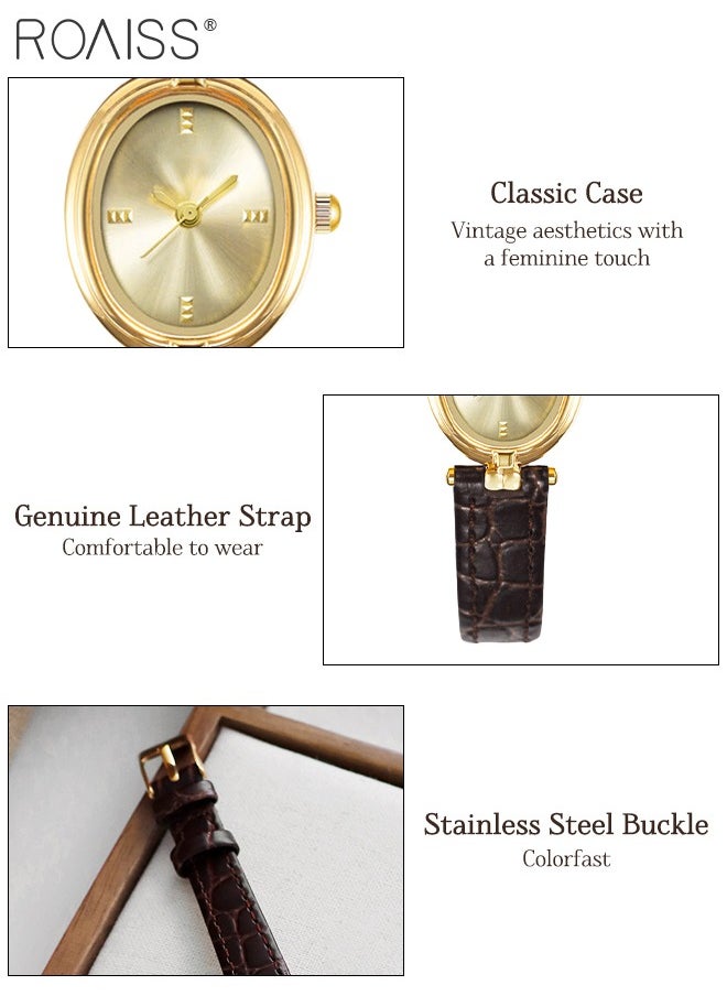 Retro Simple Quartz Watch for Women Analog Display Oval Sunray Dial, Luxury Waterproof Leather Wristwatch as Gift for Women