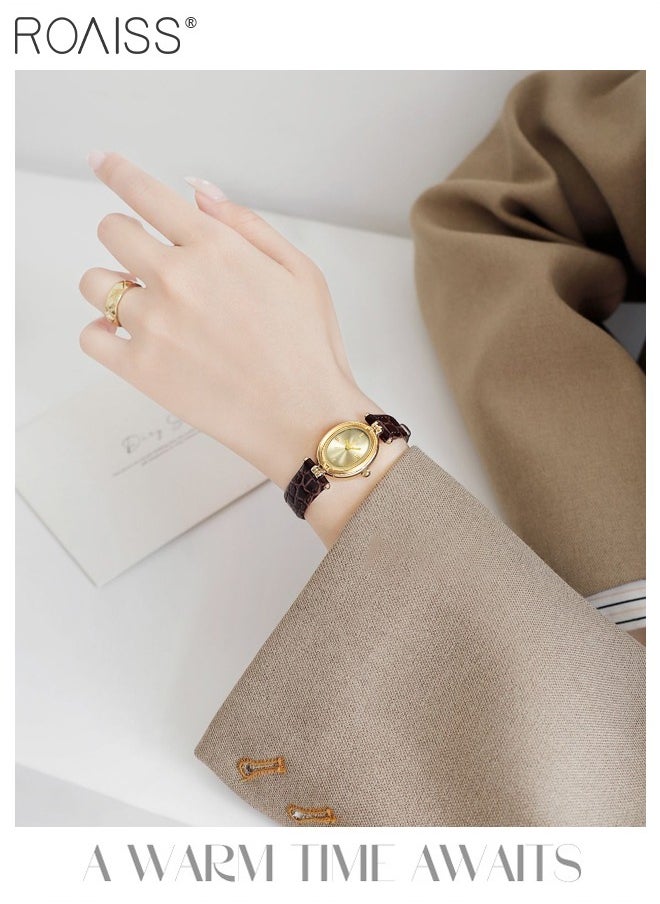 Retro Simple Quartz Watch for Women Analog Display Oval Sunray Dial, Luxury Waterproof Leather Wristwatch as Gift for Women