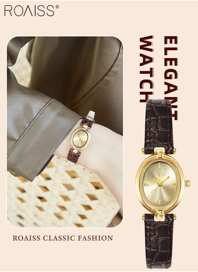 Retro Simple Quartz Watch for Women Analog Display Oval Sunray Dial, Luxury Waterproof Leather Wristwatch as Gift for Women