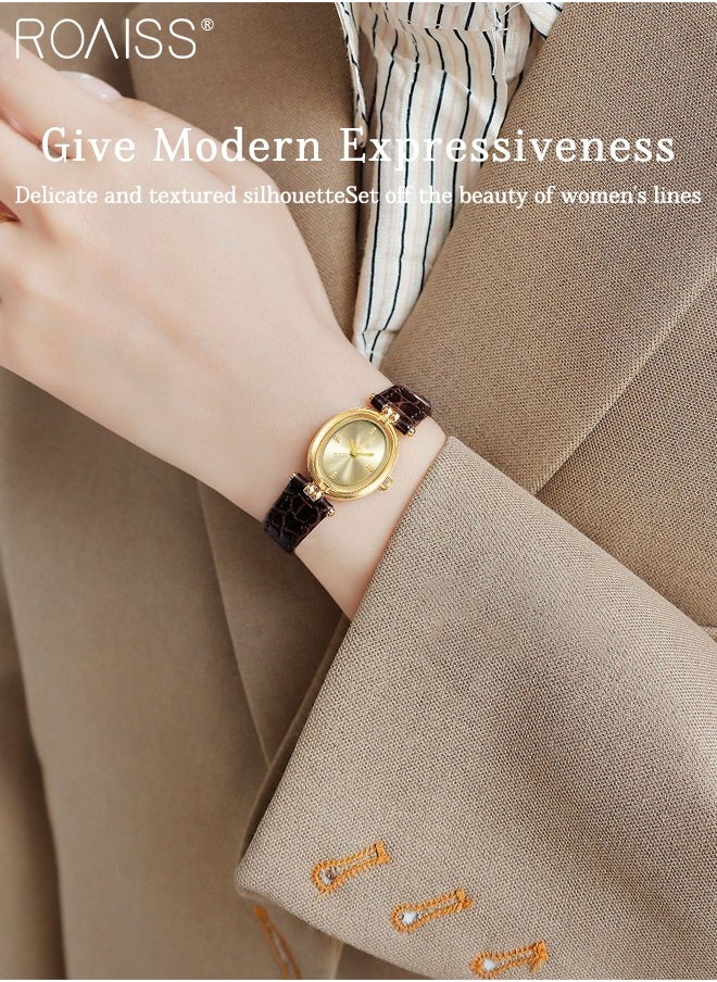 Retro Simple Quartz Watch for Women Analog Display Oval Sunray Dial, Luxury Waterproof Leather Wristwatch as Gift for Women