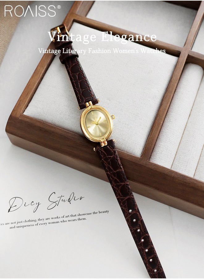 Retro Simple Quartz Watch for Women Analog Display Oval Sunray Dial, Luxury Waterproof Leather Wristwatch as Gift for Women
