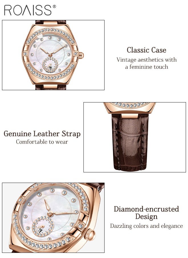 Women's Fashion Leather Strap Quartz Watch, Analog Display Barrel-Shaped Dial with Zircon Decoration, Luminous Waterproof Luxury Wristwatch, as Gift for Ladies