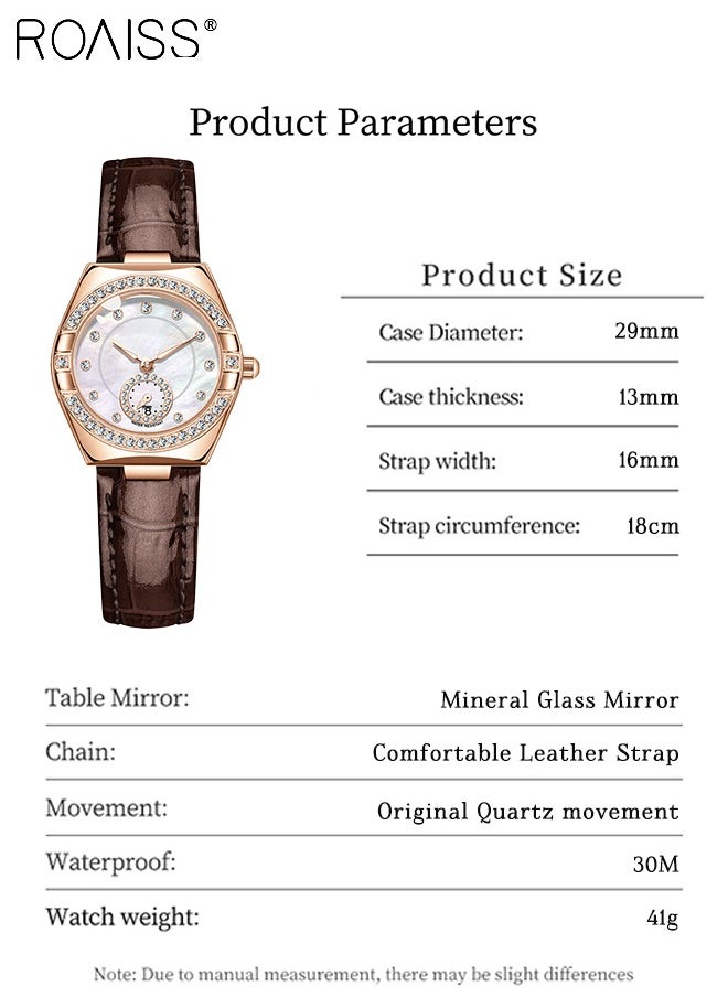 Women's Fashion Leather Strap Quartz Watch, Analog Display Barrel-Shaped Dial with Zircon Decoration, Luminous Waterproof Luxury Wristwatch, as Gift for Ladies