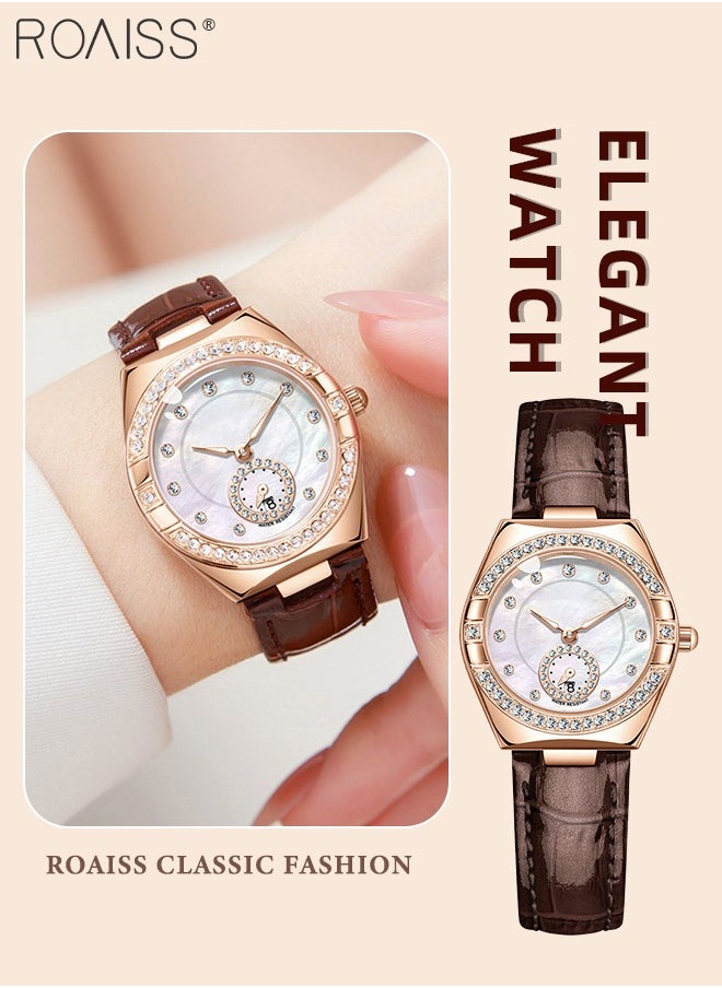 Women's Fashion Leather Strap Quartz Watch, Analog Display Barrel-Shaped Dial with Zircon Decoration, Luminous Waterproof Luxury Wristwatch, as Gift for Ladies