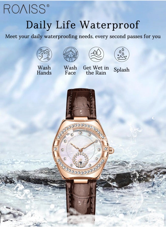 Women's Fashion Leather Strap Quartz Watch, Analog Display Barrel-Shaped Dial with Zircon Decoration, Luminous Waterproof Luxury Wristwatch, as Gift for Ladies
