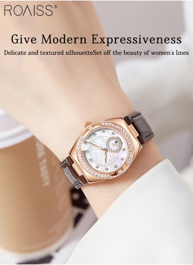 Women's Fashion Leather Strap Quartz Watch, Analog Display Barrel-Shaped Dial with Zircon Decoration, Luminous Waterproof Luxury Wristwatch, as Gift for Ladies