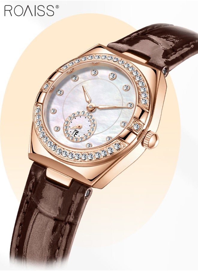 Women's Fashion Leather Strap Quartz Watch, Analog Display Barrel-Shaped Dial with Zircon Decoration, Luminous Waterproof Luxury Wristwatch, as Gift for Ladies