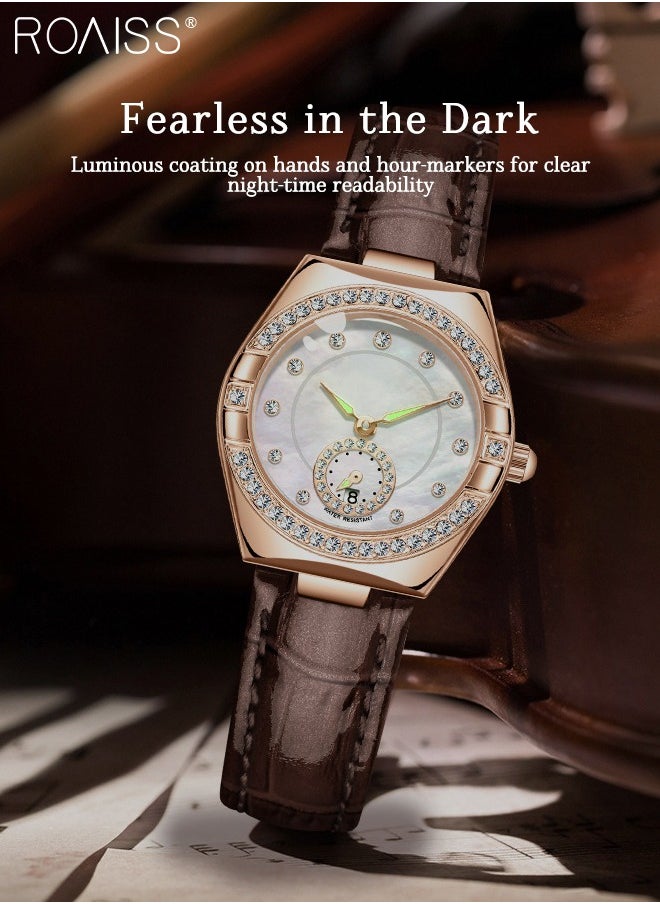 Women's Fashion Leather Strap Quartz Watch, Analog Display Barrel-Shaped Dial with Zircon Decoration, Luminous Waterproof Luxury Wristwatch, as Gift for Ladies