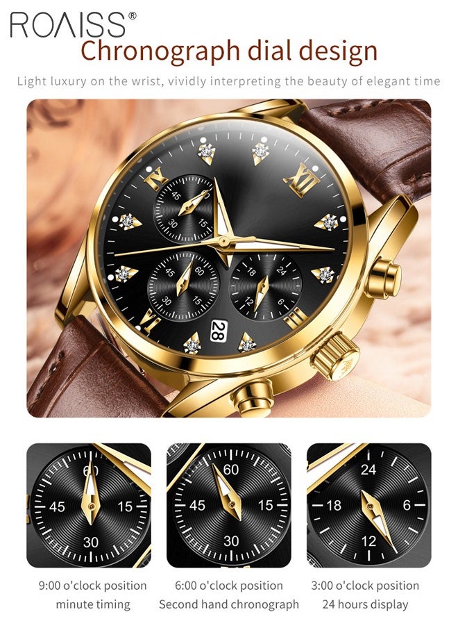 Women's Leather Strap Chronograph Quartz Watch Round Dial with Date Display Waterproof Luxurious Luminous Wristwatch as Gift for Ladies