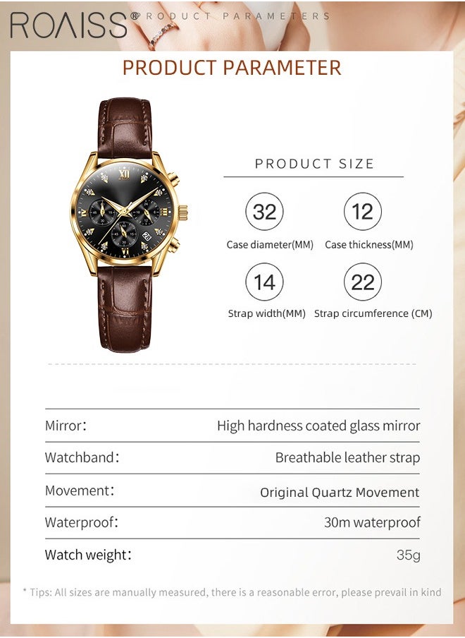 Women's Leather Strap Chronograph Quartz Watch Round Dial with Date Display Waterproof Luxurious Luminous Wristwatch as Gift for Ladies