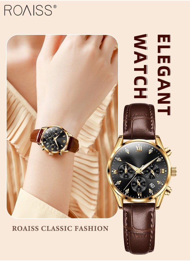 Women's Leather Strap Chronograph Quartz Watch Round Dial with Date Display Waterproof Luxurious Luminous Wristwatch as Gift for Ladies