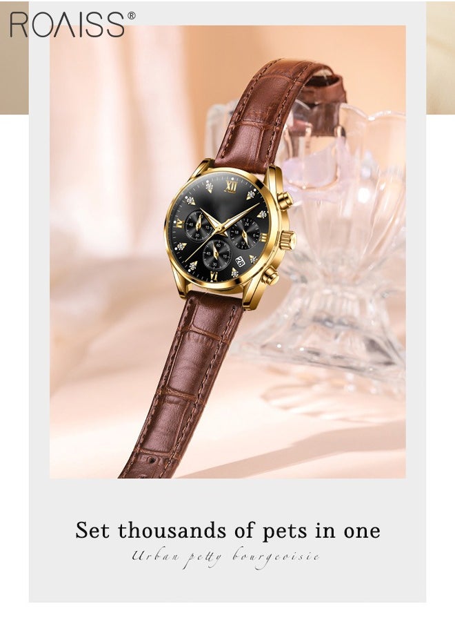 Women's Leather Strap Chronograph Quartz Watch Round Dial with Date Display Waterproof Luxurious Luminous Wristwatch as Gift for Ladies