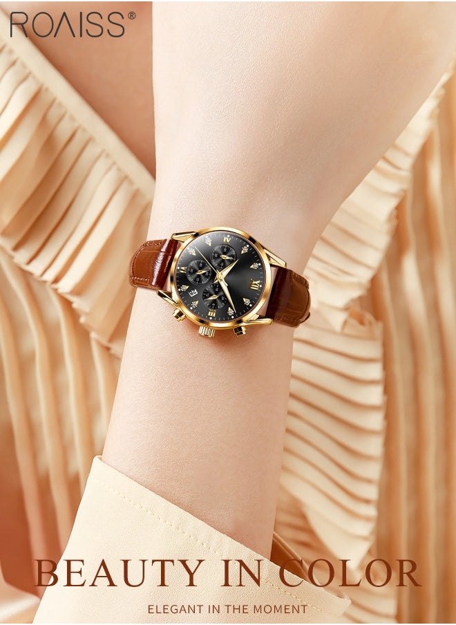 Women's Leather Strap Chronograph Quartz Watch Round Dial with Date Display Waterproof Luxurious Luminous Wristwatch as Gift for Ladies