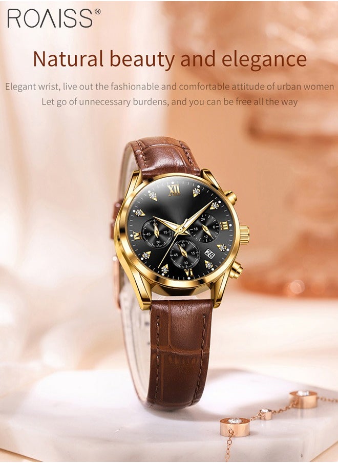 Women's Leather Strap Chronograph Quartz Watch Round Dial with Date Display Waterproof Luxurious Luminous Wristwatch as Gift for Ladies