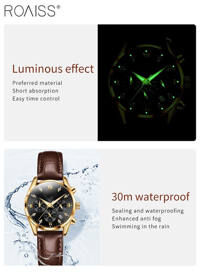 Women's Leather Strap Chronograph Quartz Watch Round Dial with Date Display Waterproof Luxurious Luminous Wristwatch as Gift for Ladies
