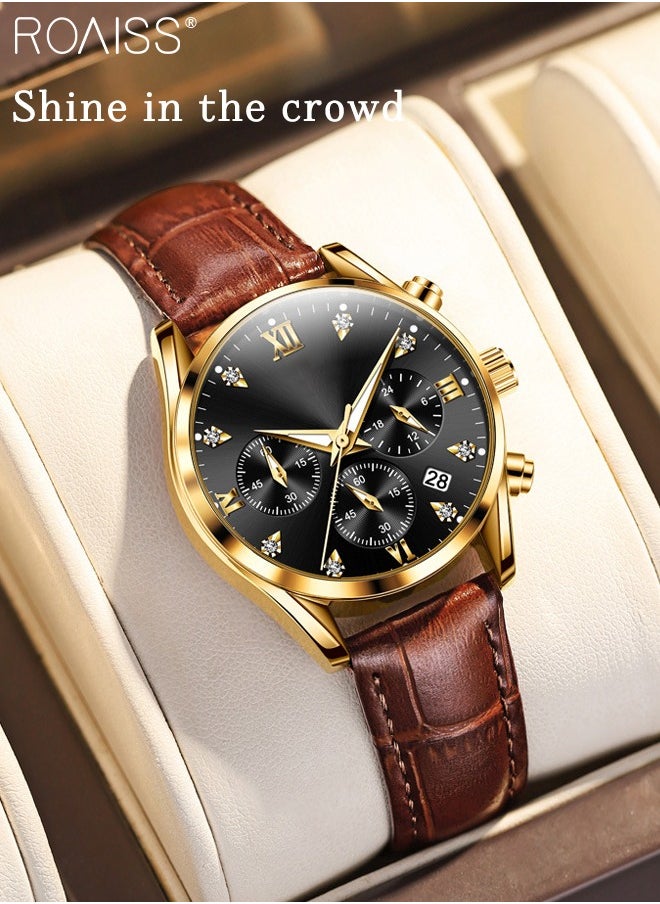 Women's Leather Strap Chronograph Quartz Watch Round Dial with Date Display Waterproof Luxurious Luminous Wristwatch as Gift for Ladies