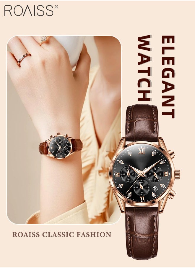 Women's Leather Strap Chronograph Quartz Watch Round Dial with Date Display Waterproof Luxurious Luminous Wristwatch as Gift for Ladies