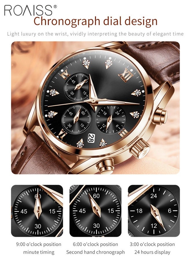 Women's Leather Strap Chronograph Quartz Watch Round Dial with Date Display Waterproof Luxurious Luminous Wristwatch as Gift for Ladies